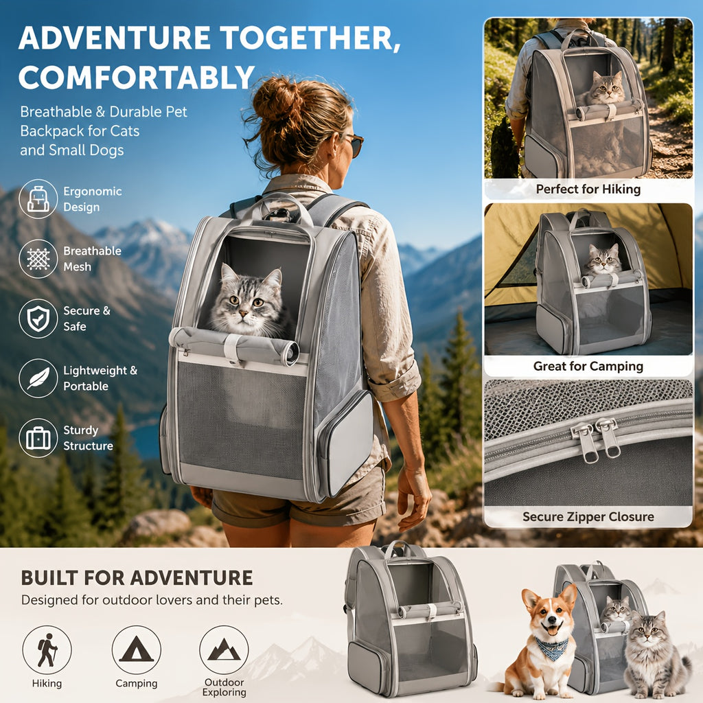 Breathable Mesh Pet Backpack with Three Entrances Foldable for Small Dogs and Cats