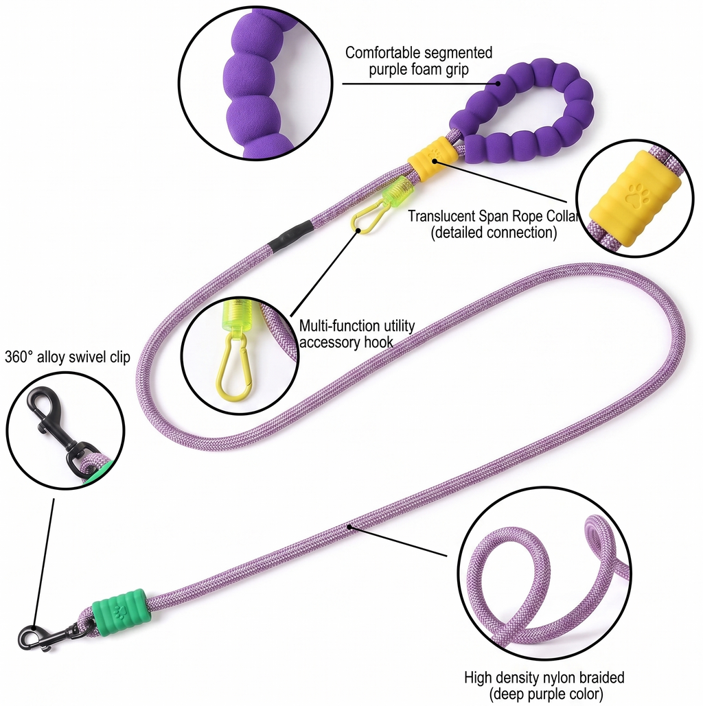 Purple dog leash with various features highlighted on a white background